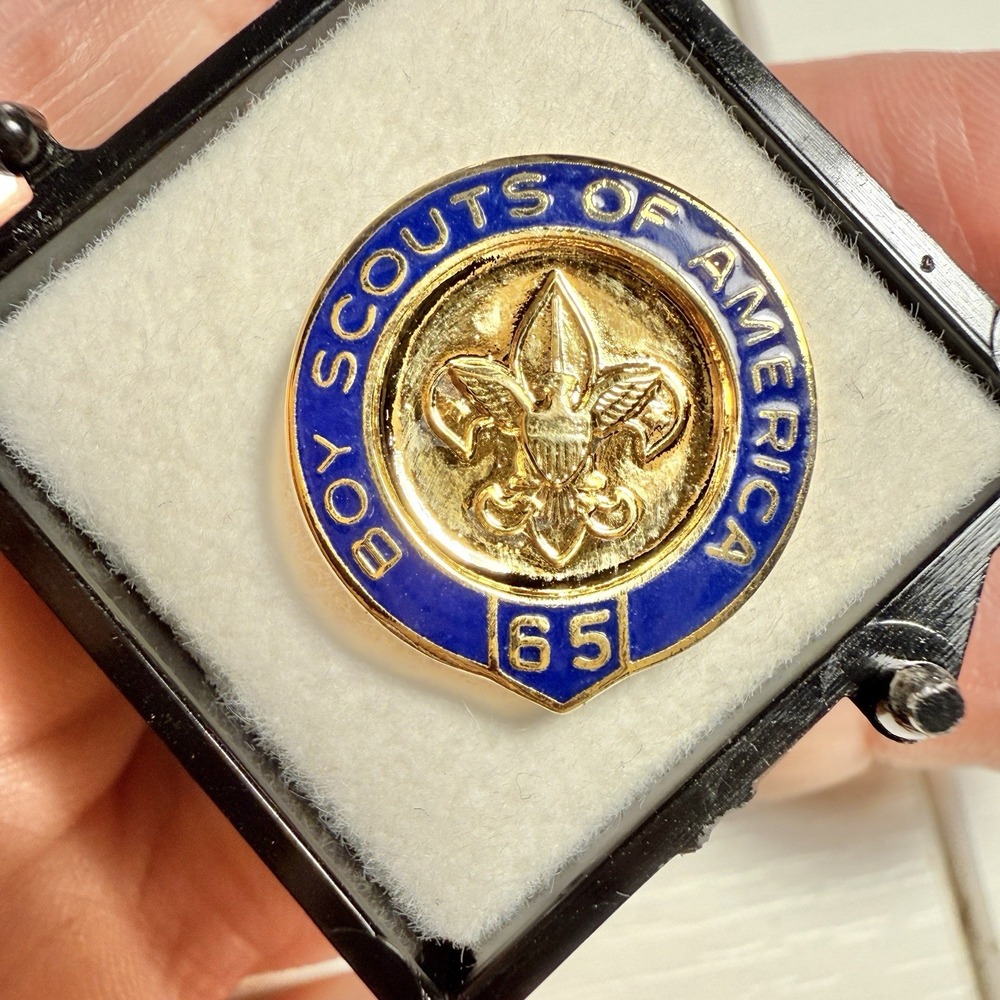 Vintage 65 Years Boy Scout Leader Veteran Tie Tack Pin & Case BSA Award Uniform